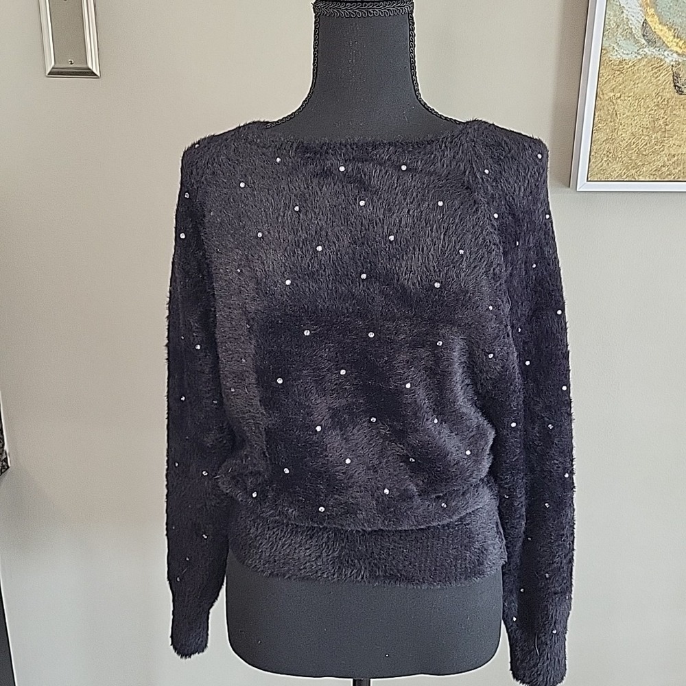 EXPRESS Furry Black Diamond Rhinestone Embellished Sweater Party Holiday XS